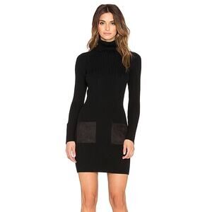 Milly Ribbed Turtleneck Dress Slim Suede Pocket Stretch Knit Zipper Wool Black M
